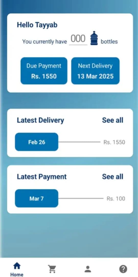 Pure't customer app home screen showing bottles, payment due and next delivery.
