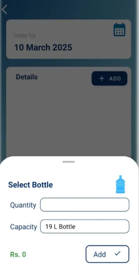 Pure't customer app screen for placing a delivery order.