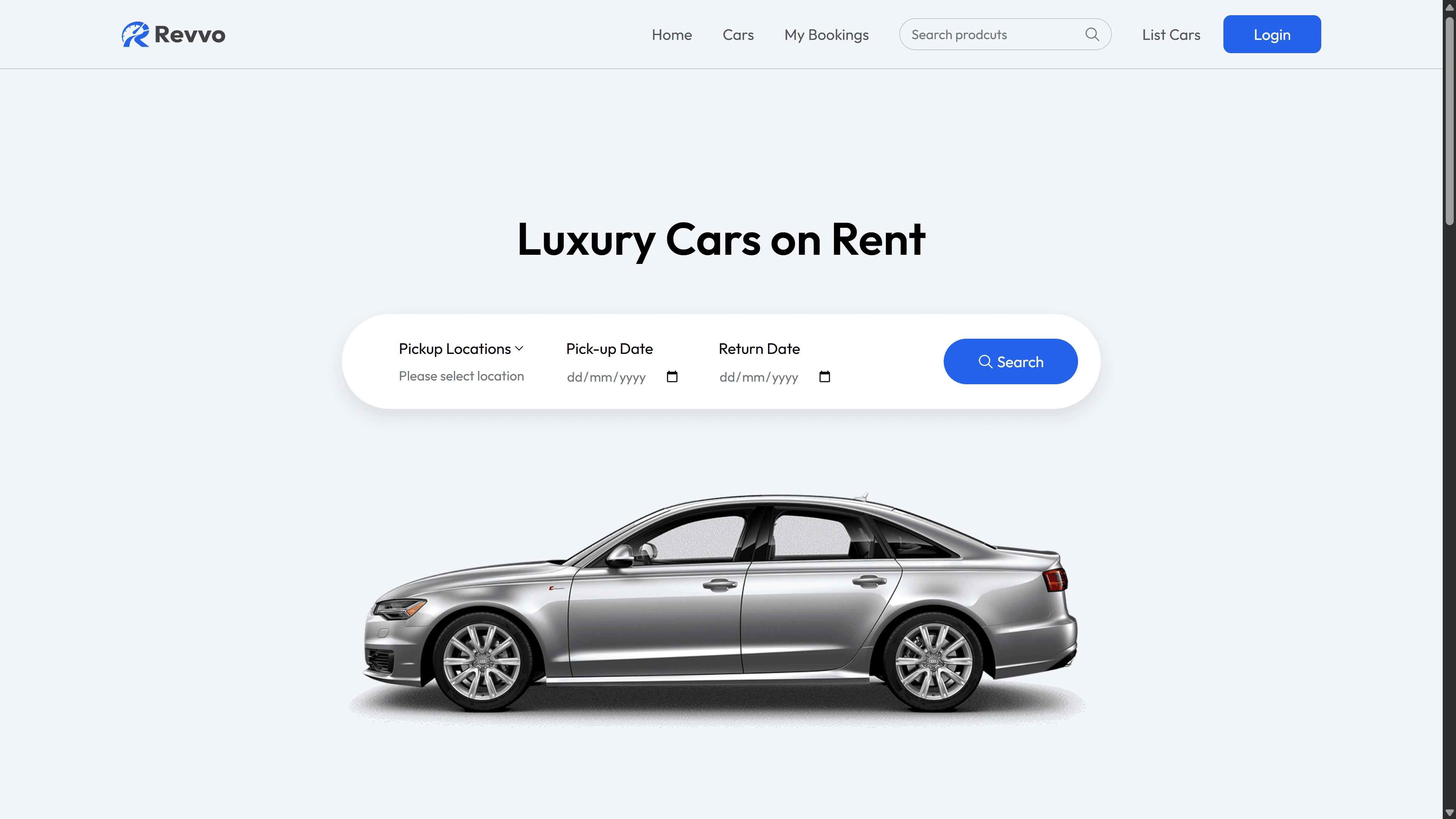 Revvo car rental platform for discovering vehicles, managing bookings and listing cars for rent.