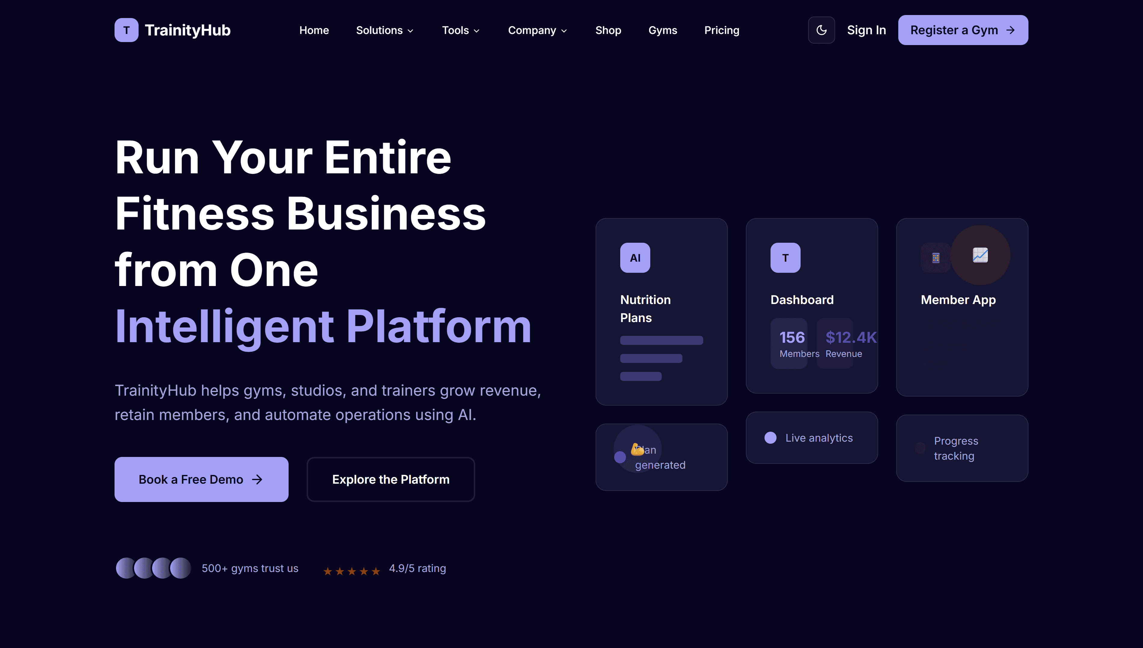 TrainityHub fitness and gym management web application with nutrition, workout and member tools.